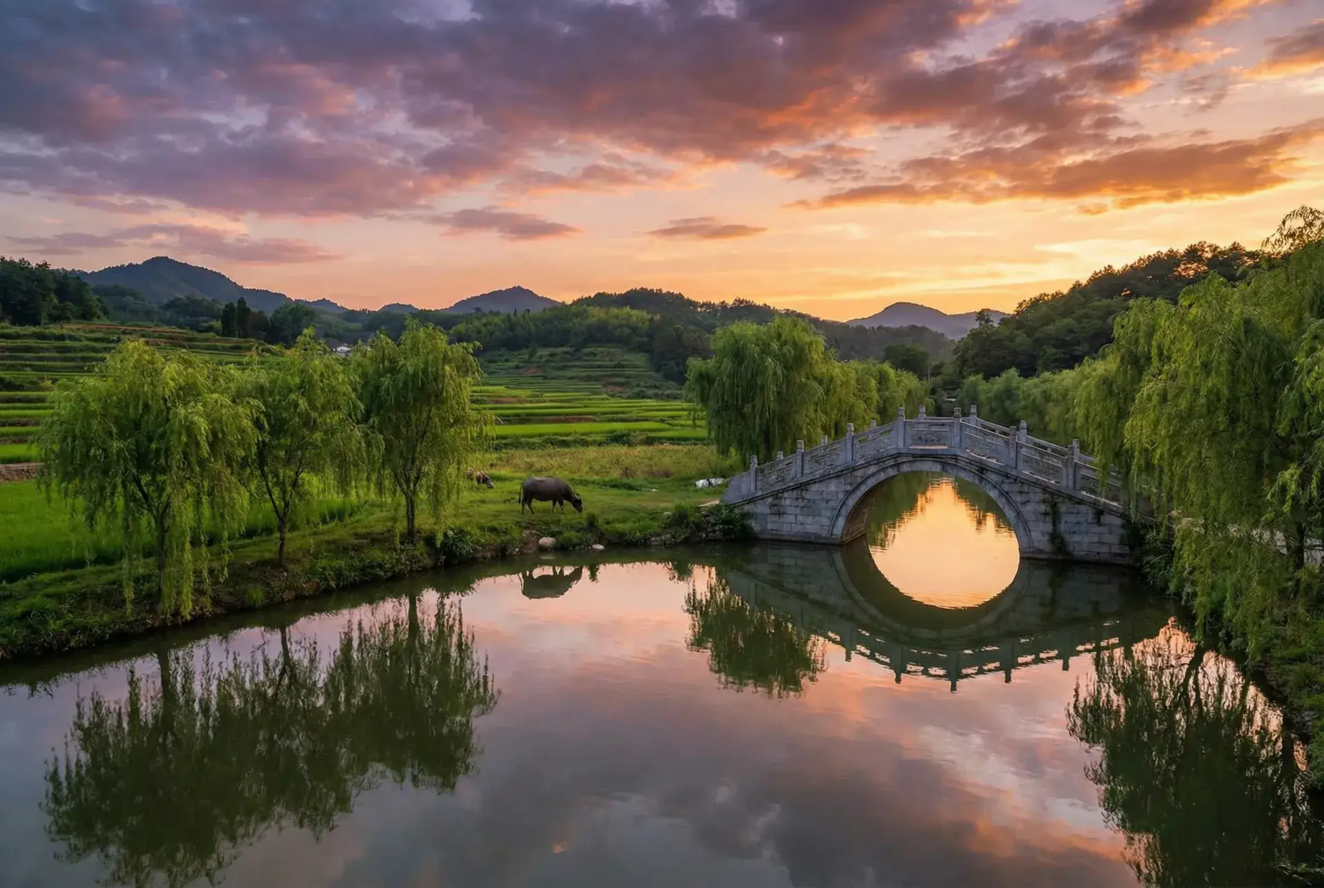 夕阳下的石拱桥与垂柳，水牛在河边吃草 - 每日大乱斗 乡村美景